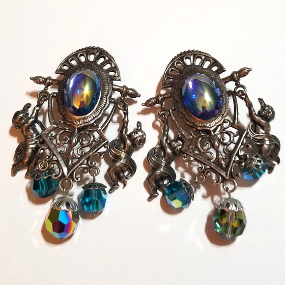 1980s Runway Style Cherub Aurora Borealis Long Earrings - Picture 7 of 7